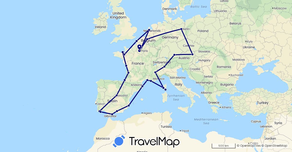 TravelMap itinerary: driving in Austria, Belgium, Switzerland, Germany, Spain, France, Netherlands, Portugal (Europe)